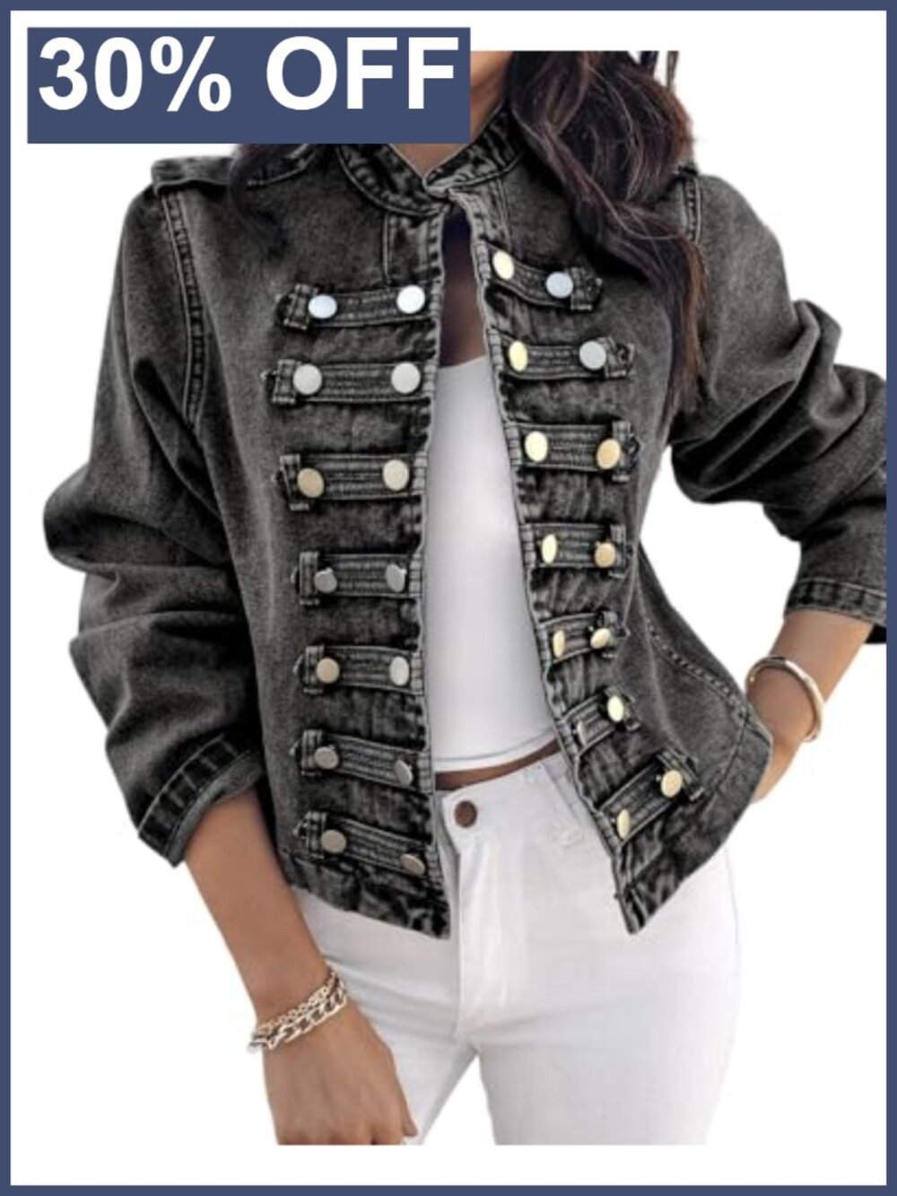 Women's Military Denim Jacket Cotton Blend Stand Collar Jean Coat